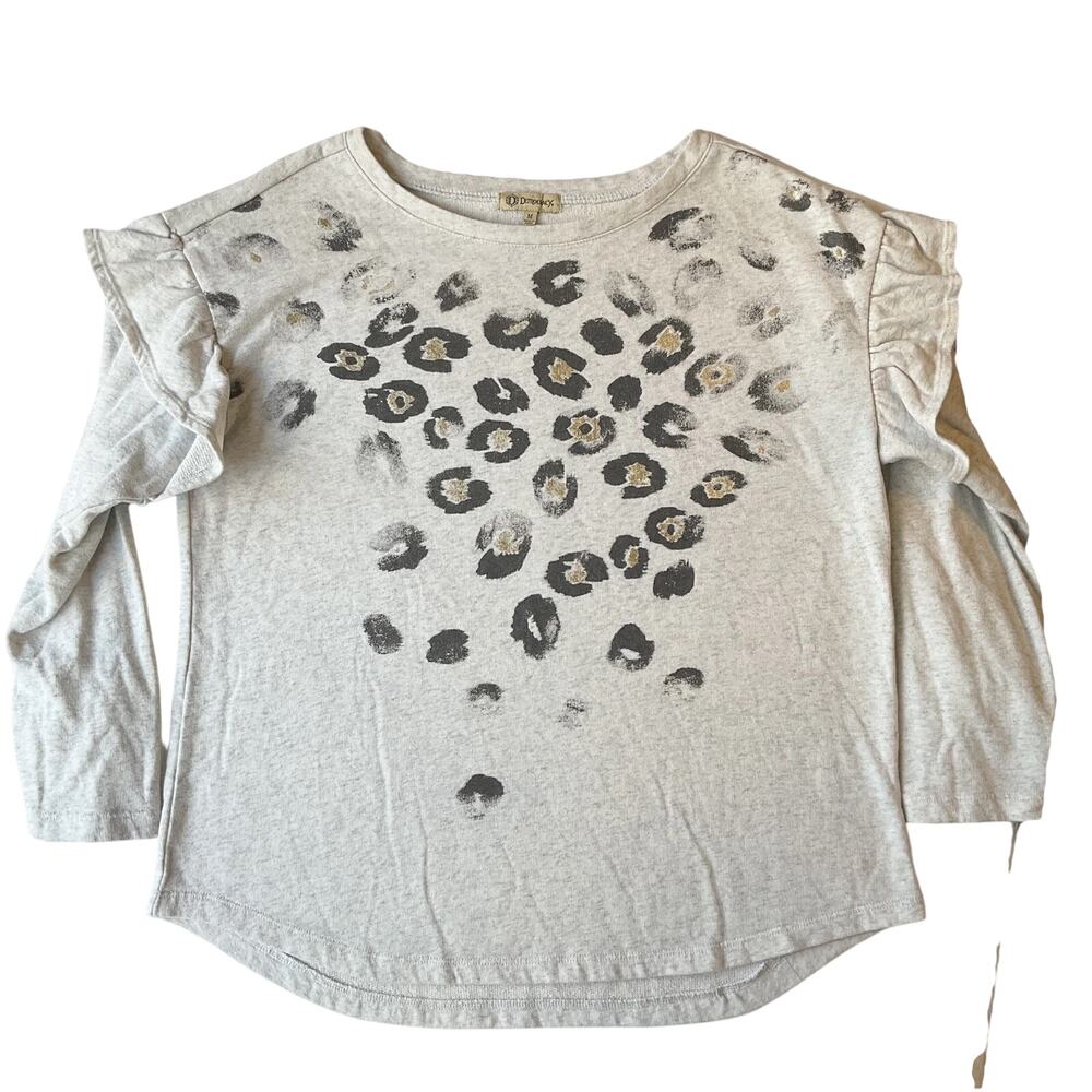 Democracy Women Sweatshirt Size M Gray Animal Print Ruffle Long Sleeve Crew Neck